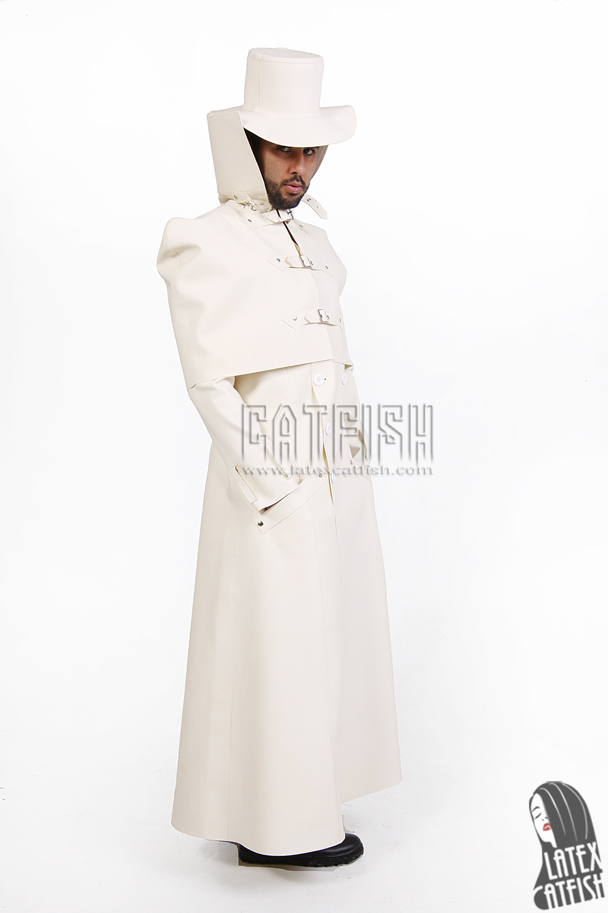 Men's Latex Caped Double-Breasted Trench Coat Men's Latex Caped Double-Breasted Trench Coat