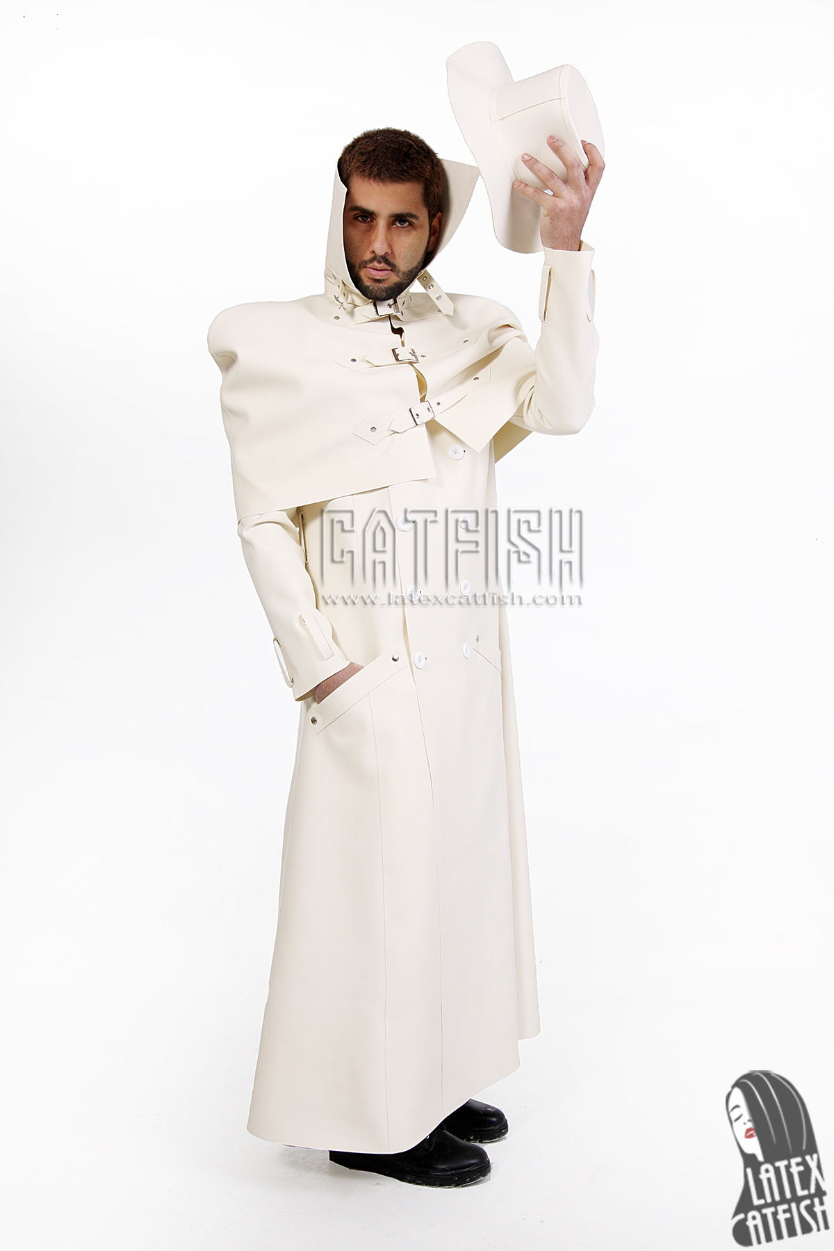 Men's Latex Caped Double-Breasted Trench Coat Men's Latex Caped Double-Breasted Trench Coat